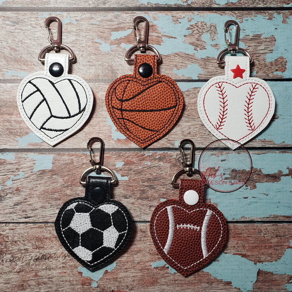 Sports Ball Heart Keyfob Embroidery Design - Set of 5 Outline Designs - 4x4