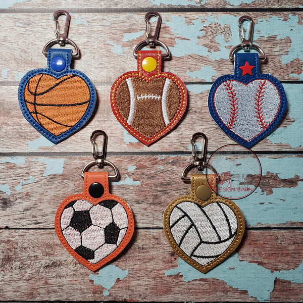 Sports Ball Heart Keyfob Embroidery Design - Set of 5 Filled Designs - 4x4